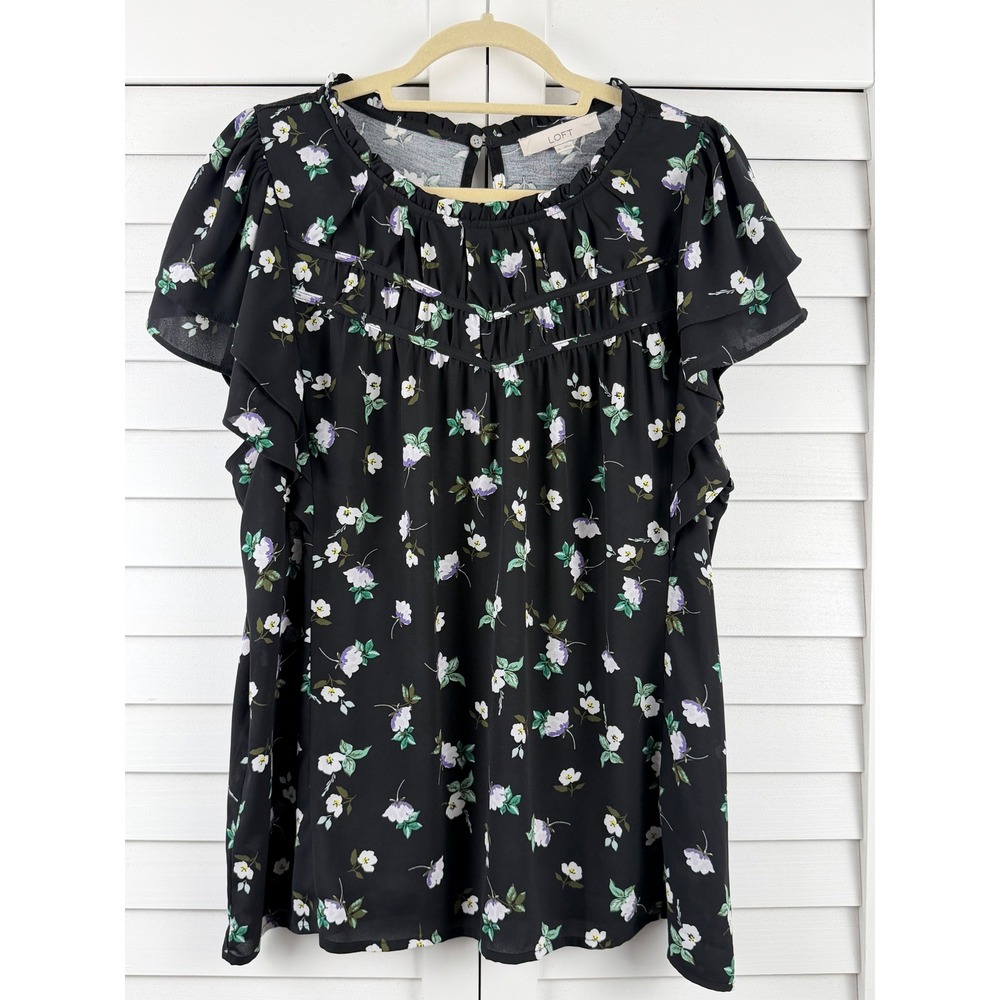 LOFT Flutter Sleeve Blouse Women XL Black Floral Ruffle Neck Mixed Media
